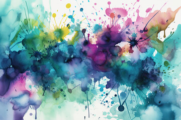 Wall Mural - Abstract watercolor splatters in shades of blue and green with vibrant pops of pink and purple, generative ai