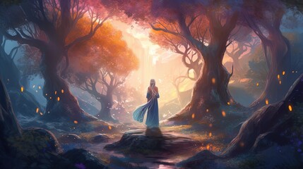 Wall Mural - art illustration, woman elf sorcerer walking in fairy forest with magic power emerge around, Generative Ai