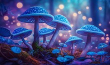  Magical Mashroom In Fantasy Enchanted Fairy Tale Forest With Lots Of Brighness And Lighting.  As Soft Ethereal Dreamy Background, Professional Color Grading, Copy Space