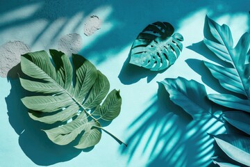 Sticker - Wall leaves, plant shadow, and blue cement texture on a mint background. A simple beach holiday in the tropics throughout the summer. Nature flat lay in pastel tones. Generative AI