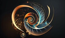  Abstract Space Background With Golden Spiral. Astrology And Astronomy Illustration. Golden Ratio. Generative AI  As Soft Ethereal Dreamy Background, Professional Color Grading, Copy Space