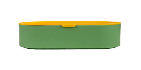 Wall Mural - Green lunch box. Plastic stylish lunchbox container with yellow cover isolated on white