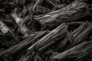 Poster - Close-up of jagged and rugged splintered wood texture in monochrome, generative ai