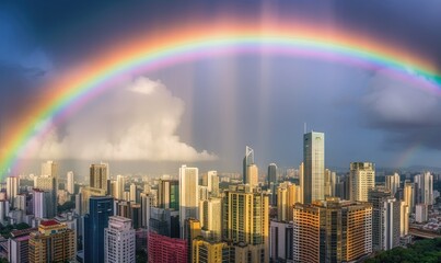 Wall Mural -  a rainbow over a city with tall buildings and a rainbow in the sky over the city with tall buildings and a rainbow in the sky over the city.  generative ai