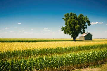 Poster - the farmland of a lush cornfield under a clear sky. Ukraines agricultural area is located in Europe. agricultural fields. Image wallpaper. minimalistic setting. Earths beauty. Generative AI