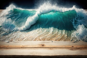 Wall Mural - Recreated wooden table top with soothing ocean wave splashing over the wood board. Generative AI