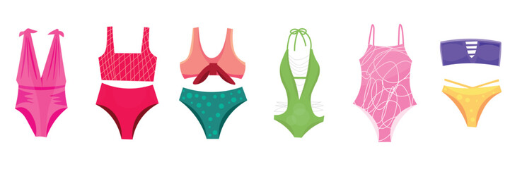 Many different swimming suits on white background