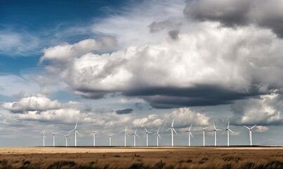  a field with a bunch of windmills under a cloudy sky with a few clouds in the sky above it and a few grass in the foreground.  generative ai