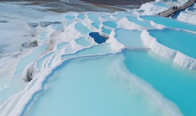 Sticker -  a large body of water with blue and white water next to a hill with a bridge in the middle of the water and snow on the ground.  generative ai