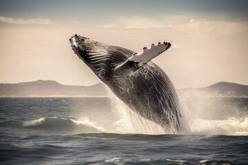 Wall Mural - Humpback whale splashing out of the ocean. Generative AI