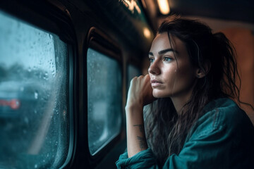 Portrait of a beautiful young woman in a yellow raincoat looking out the window of a car. Generative AI