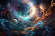 Enchanted space-time warp with mystical planets and swirling nebula clouds, generative ai