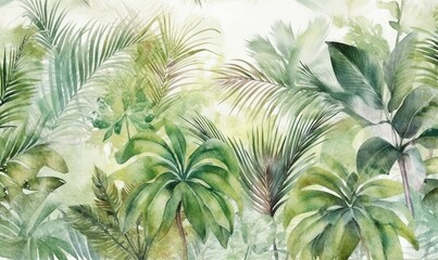   a watercolor painting of tropical plants and leaves on a white background with a green and blue background and a white background with a blue border.  generative ai