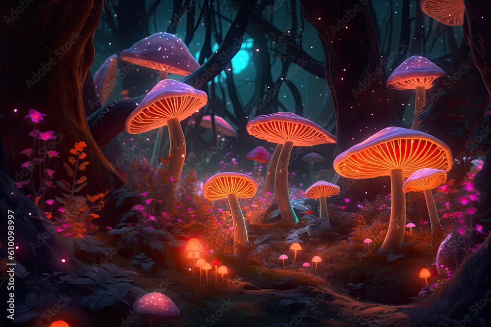 ethereal and mystical psychedelic forest with glowing neon mushrooms ...