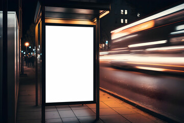 Modern Advertisement billboard in street, Vertical blank digital billboard mockup at bus stop in city street, Outdoor billboard mockup for advertisement placement