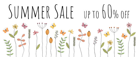 Sticker - Summer Sale up to 60% off - Schriftzug in englischer Sprache - Sommerschlussverkauf bis zu 60% Rabatt. Verkaufsbanner mit liebevoll gezeichneter Blumenwiese.