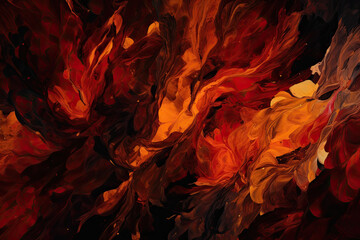 Fiery red and orange ink smudges in a chaotic pattern on a dark background, generative ai