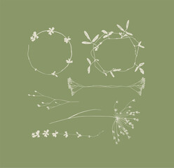 Sticker - Branches leaves and flowers silhouettes set drawing on green background