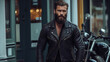 A charismatic gentleman with a perfectly trimmed beard and a classic leather jacket, embodying timeless coolness Generative AI