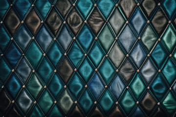 Wall Mural - Leather Background with Stitched Diamonds in Shades of Blue and Green, generative ai