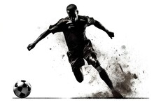 Silhouette Of A Soccer Player With A Ball Isolated On A White Background.