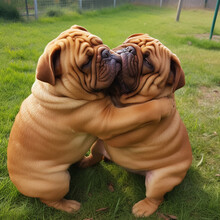 Two Fat Pug Dogs Hugging And Kissing Each Other, Funny Illustration With Pets, Ai Generative