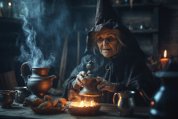 Witch. Woman endowed with witchcraft abilities that she received from nature or learned to witch. Broom, familiars, pointed hat, cauldron. Capable of harming people, sending disease. Generative AI