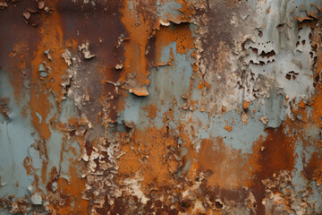 Poster - Peeling Paint on Metal Surface with Rust Stains and Scratches, generative ai