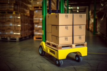 Efficient storehouse operations, Cardboard boxes loaded on hand pallet truck Generative AI