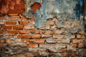 Poster - Rustic Brick Wall with Crumbling Paint and Deep Cracks, generative ai