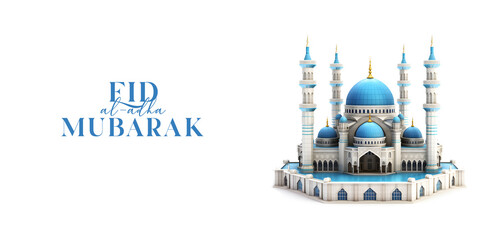 Eid al adha mubarak islamic greeting social media post 3d style white background, generative ai