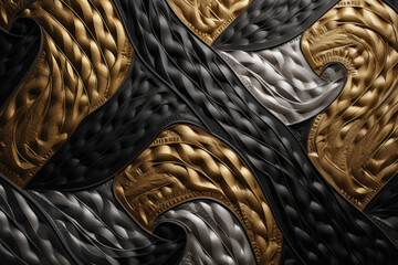 Wall Mural - Sophisticated Leather Background with Stitched Swirls in Metallic Silver and Gold, generative ai