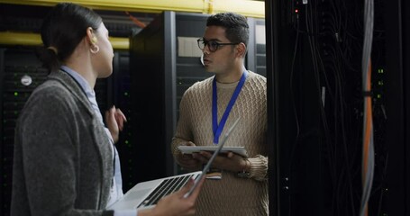 Aufkleber - Data center, woman and man with tablet, laptop and network administration, teamwork for digital update. Tech employees, system security maintenance and technician team online in server room together.