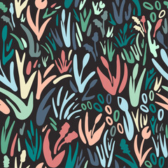 Poster - Seamless floral pattern, cute ditsy print with painted meadow. Simple botanical design with small hand drawn plants: pretty flowers, grass, leaves on a blue background. Vector illustration.
