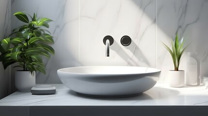 white marble vanity counter top and wall tiles with ceramic wash basin, modern minimal style faucet 