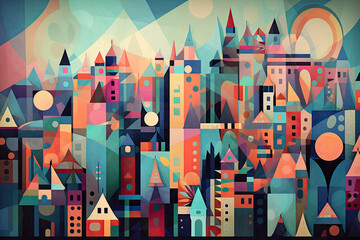 Wall Mural - whimsical cubist interpretation of a city skyline, with colorful shapes and angles creating a playful and lively wallpaper design, generative ai