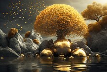 A Bonsai With Golden Leaves Standing On A River Or Rock. Generative Ai