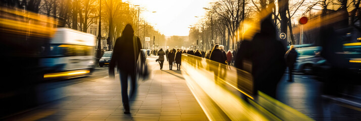 Lots of people walking around the city. Shot of cars and people in movement with motion blur. Blurred image, wide panoramic view of the road with people at sunset.	