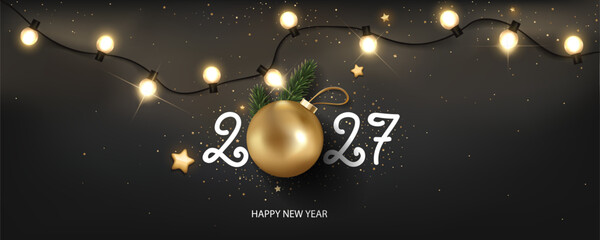  Happy New Year 2027 background with Christmas light and decoration. Celebration background design.