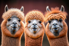 A Herd Of Alpacas. Farm Rural Life, Alpaca In Outdoor Concept Image. Realistic, Smile Funny Animal Concept. Made With Generative AI
