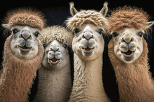 A Herd Of Alpacas. Farm Rural Life, Alpaca In Outdoor Concept Image. Realistic, Smile Funny Animal Concept. Made With Generative AI