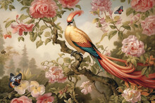 Painting Of A Bird In Bright, Beautiful Colors Among Flowers, Roses, Branches And Butterflies, Vintage Drawing In A Japanese Style, A Painting For The Wall - Generative AI