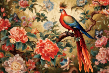 Painting Of A Bird In Bright, Beautiful Colors Among Flowers, Roses, Branches And Butterflies, Vintage Drawing In A Japanese Style, A Painting For The Wall - Generative AI