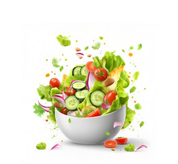 Flying salad ingredients in a white plate.  A fresh summer salad  falling into a plate on a white background isolated on white background.