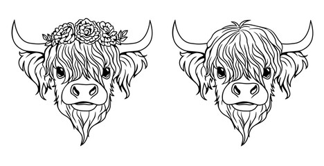 Wall Mural - Outline vector design of cute Highland cow with flowers and without.