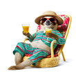 Happy and smiling sloth wearing summer hat and stylish sunglasses, holding glass with drink on beach chair isolated over white background. Summer holiday, vacation concept. Created with generative Ai