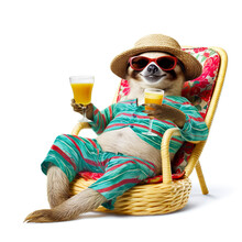 Happy And Smiling Sloth Wearing Summer Hat And Stylish Sunglasses, Holding Glass With Drink On Beach Chair Isolated Over White Background. Summer Holiday, Vacation Concept. Created With Generative Ai