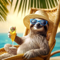 Happy and smiling sloth wearing summer hat and stylish sunglasses, holding cocktail glass, sits on beach chair under the palms. Summer holiday and vacation concept. Created with generative Ai