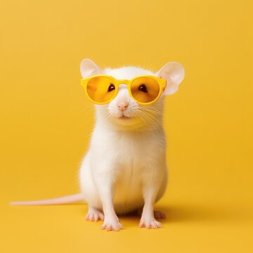 cute little mouse in glasses on a yellow background. copy space .postcard .place for your text. Generative AI
