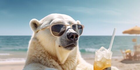 Polar bear  in sunglasses and glasses with a cocktail on a tropical beach